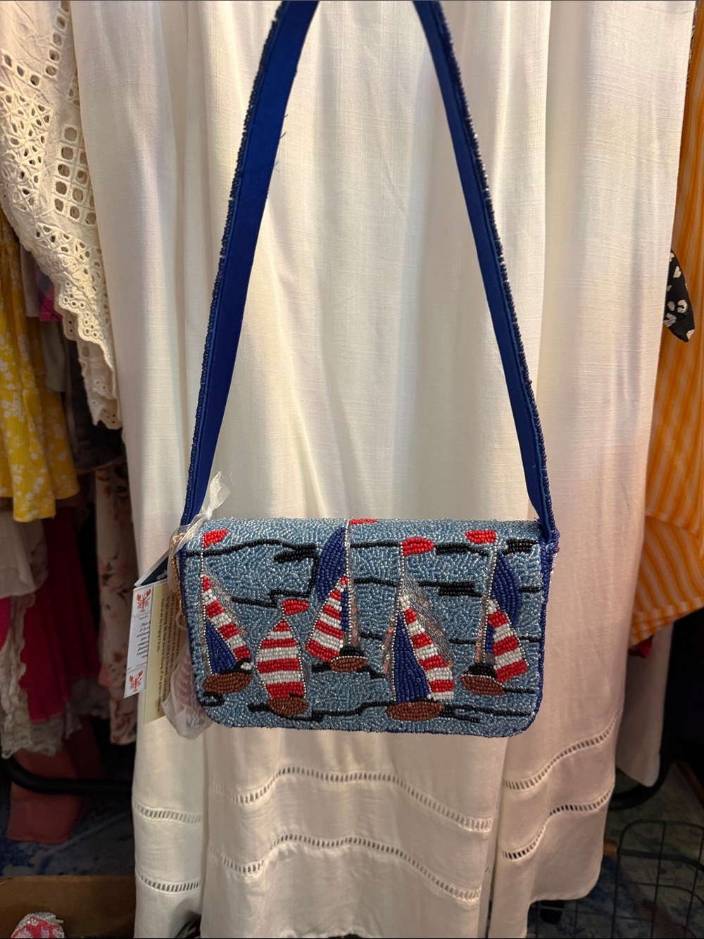 Viral Nautical Blue Sailboat Beaded Shoulder Bag with Sailboat Motif